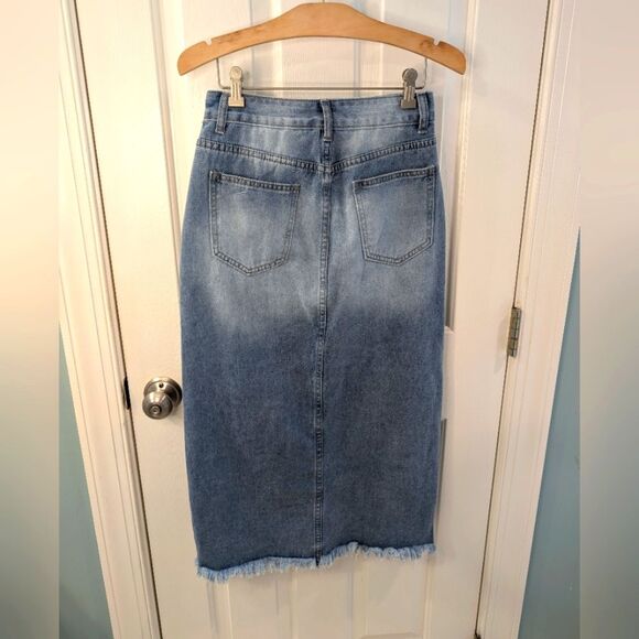 Distressed Denim Midi Skirt Raw Edge High Slit Small - Picture 2 of 8